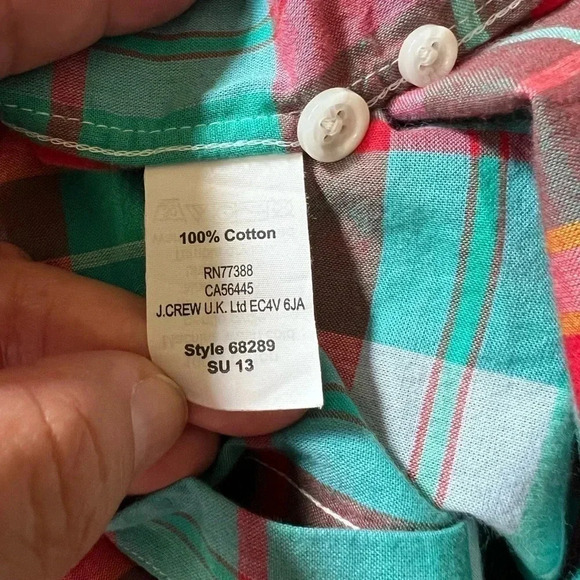 J Crew Colorful Red Teal White Casual Shirt Button Down Short Sleeve Plaid Large - Picture 4 of 6